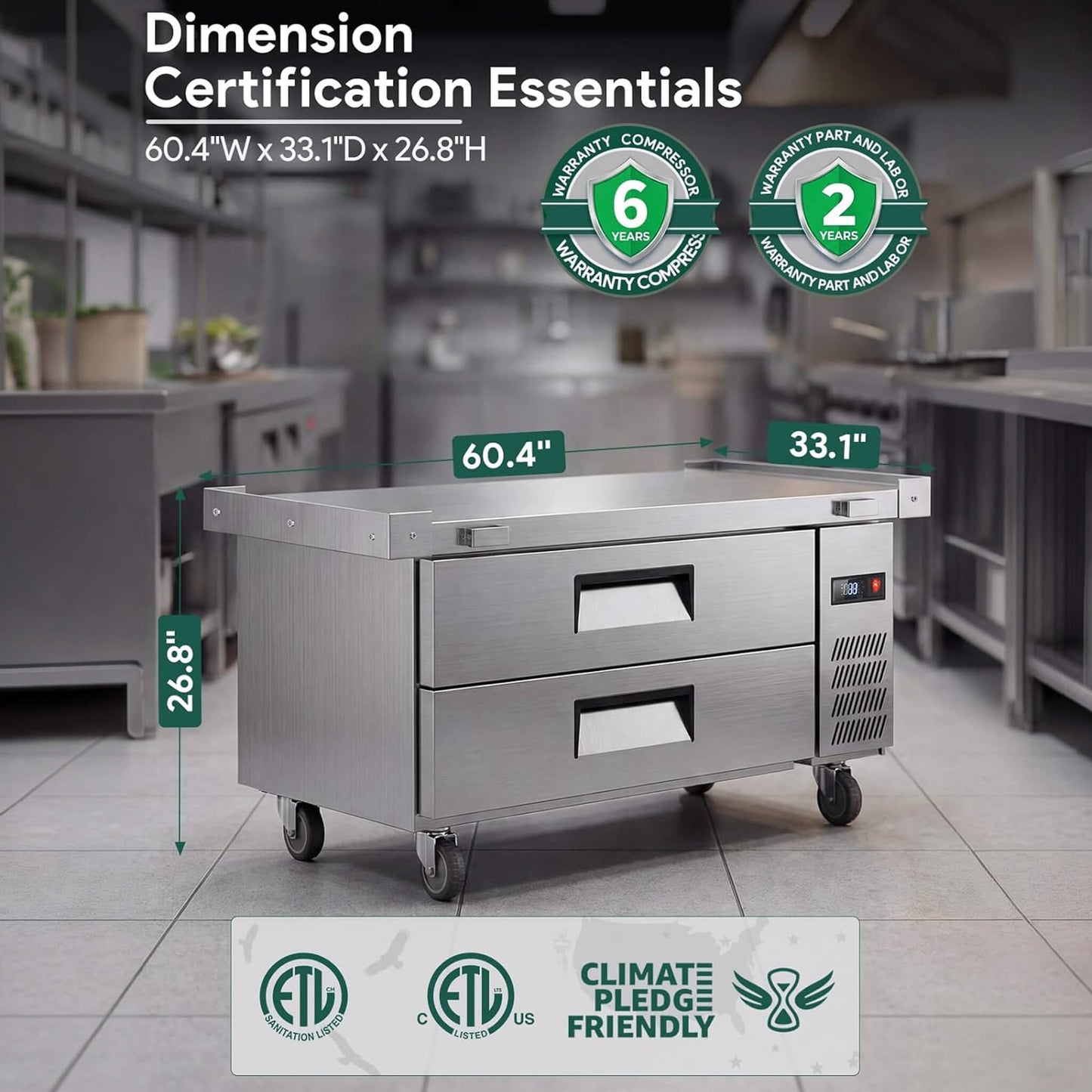 Commercial Double Drawer Undercounter Worktop Fridge with Chef Base and Wheels