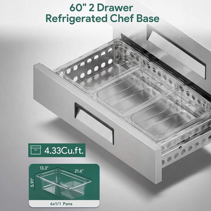 Commercial Double Drawer Undercounter Worktop Fridge with Chef Base and Wheels