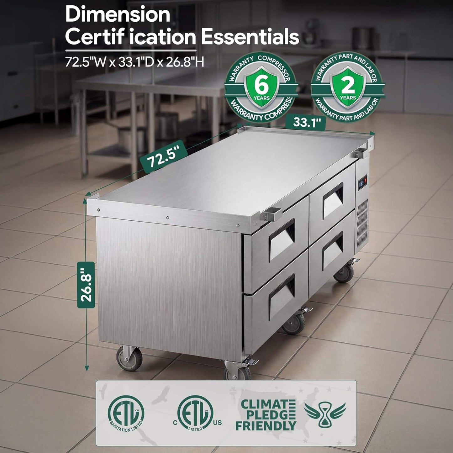 Commercial Double Drawer Undercounter Worktop Fridge with Chef Base and Wheels