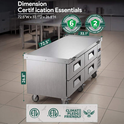 Commercial Double Drawer Undercounter Worktop Fridge with Chef Base and Wheels