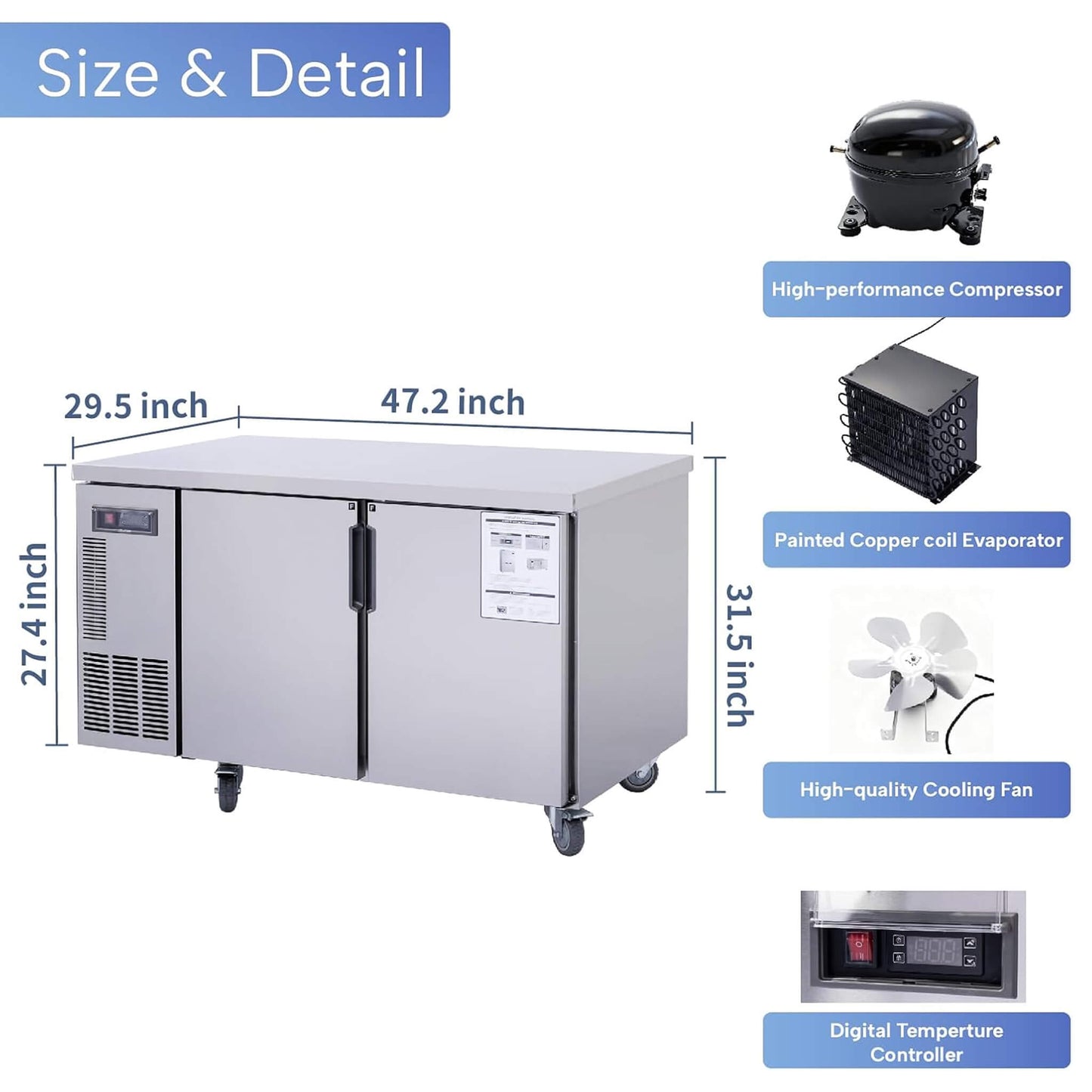 Heavy-Duty Commercial Stainless Steel Undercounter Worktop Freezer