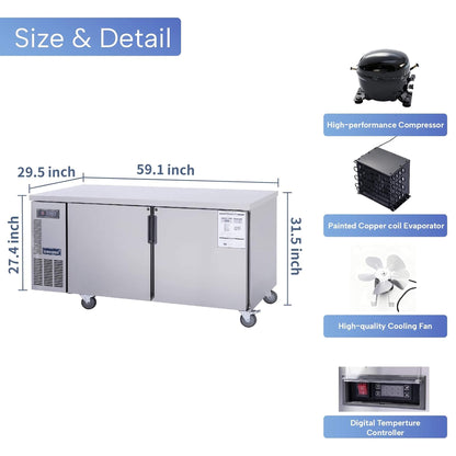 Heavy-Duty Commercial Stainless Steel Undercounter Worktop Freezer