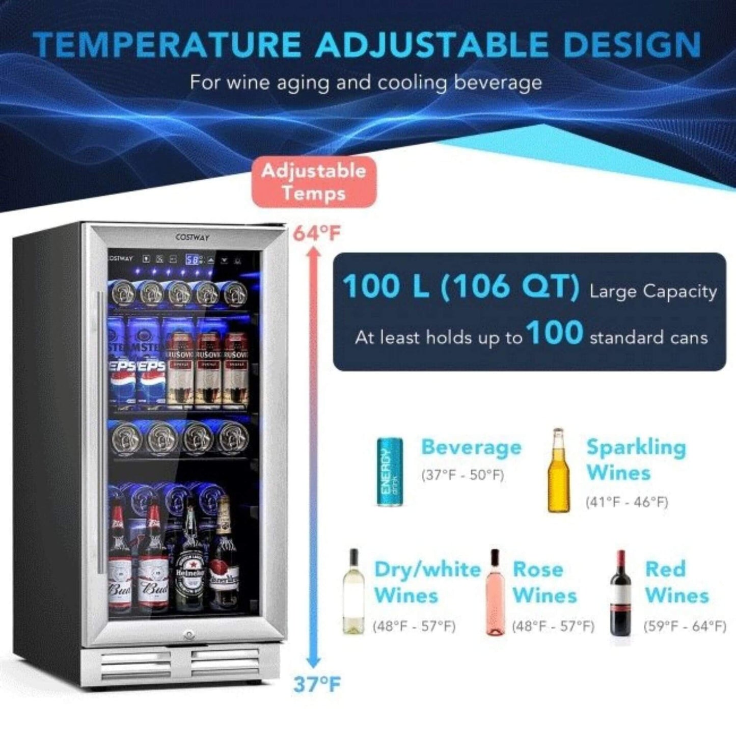 Premium 15" Tall Built-In Freestanding Beverage Cooler Refrigerator 100 Cans