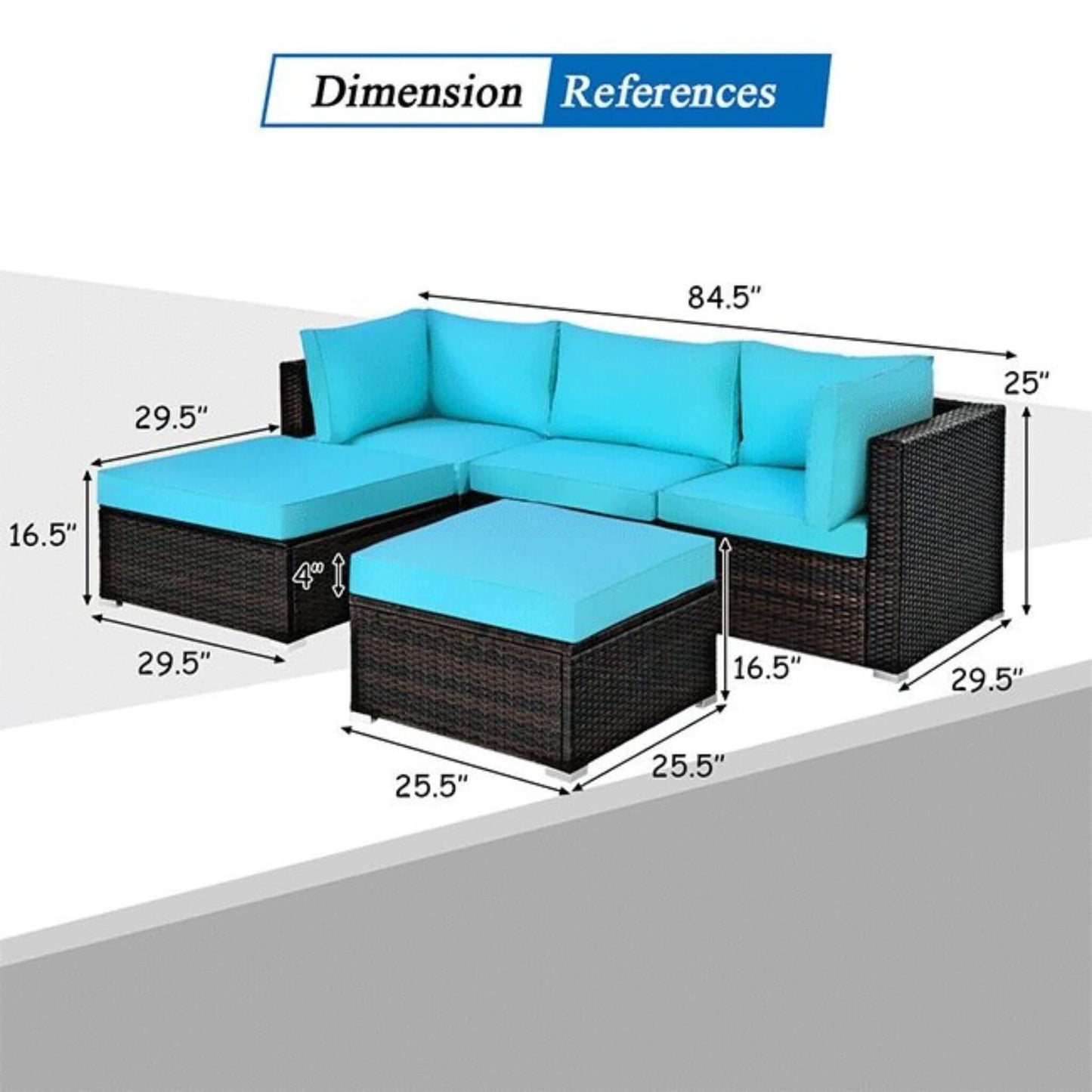 Alora Outdoor 5-Piece Patio Rattan Turquoise Furniture Sectional Conversation Sofa Set