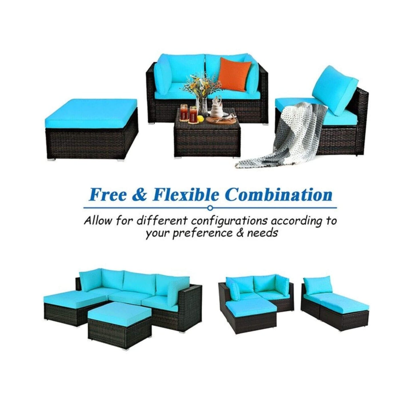 Alora Outdoor 5-Piece Patio Rattan Turquoise Furniture Sectional Conversation Sofa Set