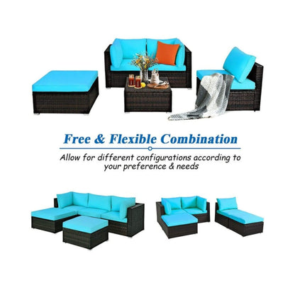 Alora Outdoor 5-Piece Patio Rattan Turquoise Furniture Sectional Conversation Sofa Set