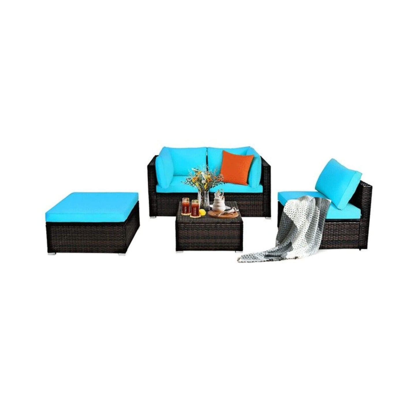 Alora Outdoor 5-Piece Patio Rattan Turquoise Furniture Sectional Conversation Sofa Set