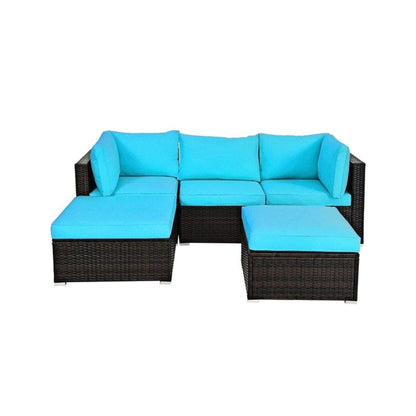 Alora Outdoor 5-Piece Patio Rattan Turquoise Furniture Sectional Conversation Sofa Set