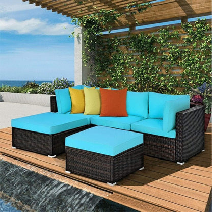 Alora Outdoor 5-Piece Patio Rattan Turquoise Furniture Sectional Conversation Sofa Set