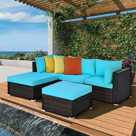 Alora Outdoor 5-Piece Patio Rattan Turquoise Furniture Sectional Conversation Sofa Set