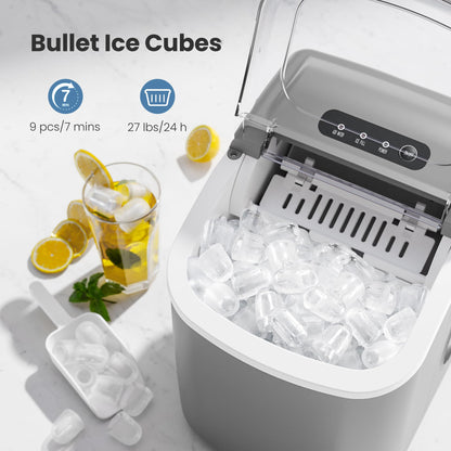 Countertop Ice Maker Machine with Handle, 9 Bullet-Shaped Ice Cubes Ready in 6 Mins, 26Lbs/24H, Self-Cleaning Function with Ice Scoop and Basket