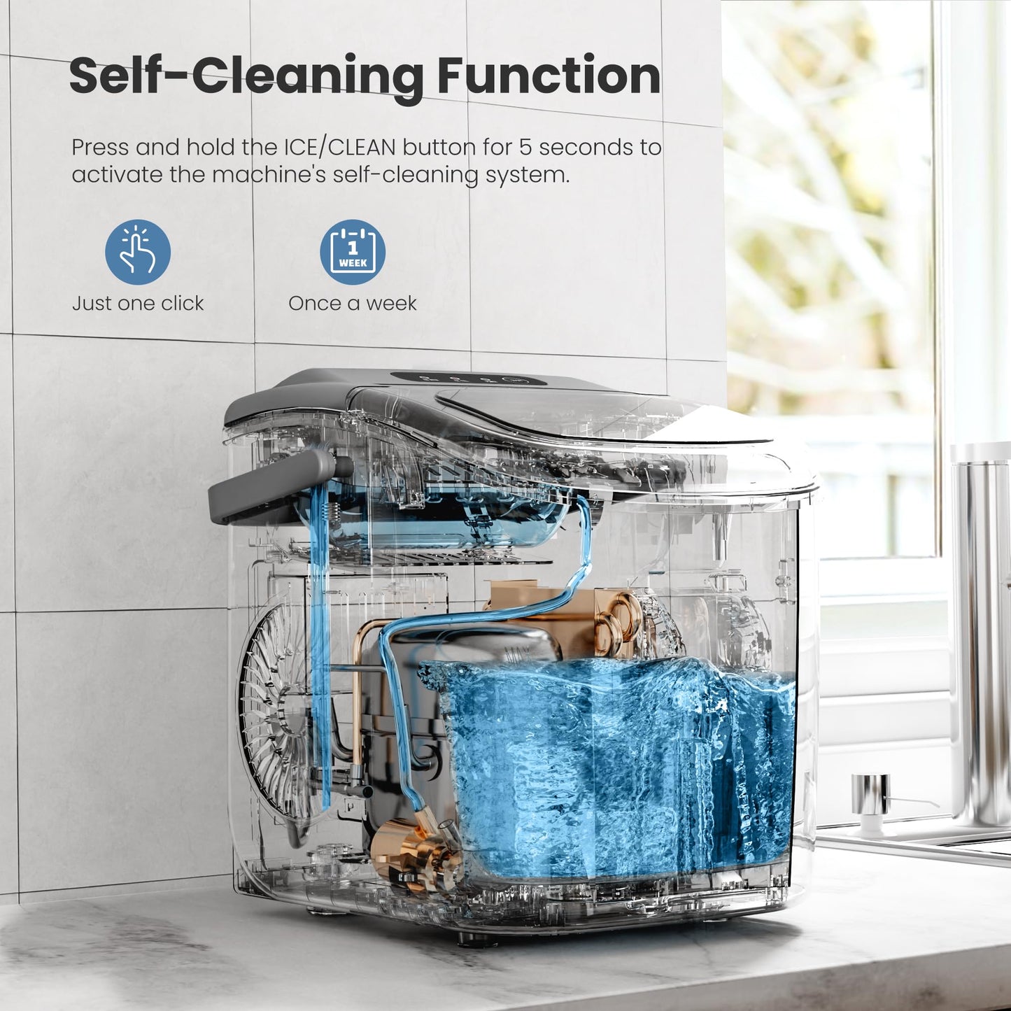 Countertop Ice Maker Machine with Handle, 9 Bullet-Shaped Ice Cubes Ready in 6 Mins, 26Lbs/24H, Self-Cleaning Function with Ice Scoop and Basket