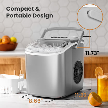 Countertop Ice Maker Machine with Handle, 9 Bullet-Shaped Ice Cubes Ready in 6 Mins, 26Lbs/24H, Self-Cleaning Function with Ice Scoop and Basket