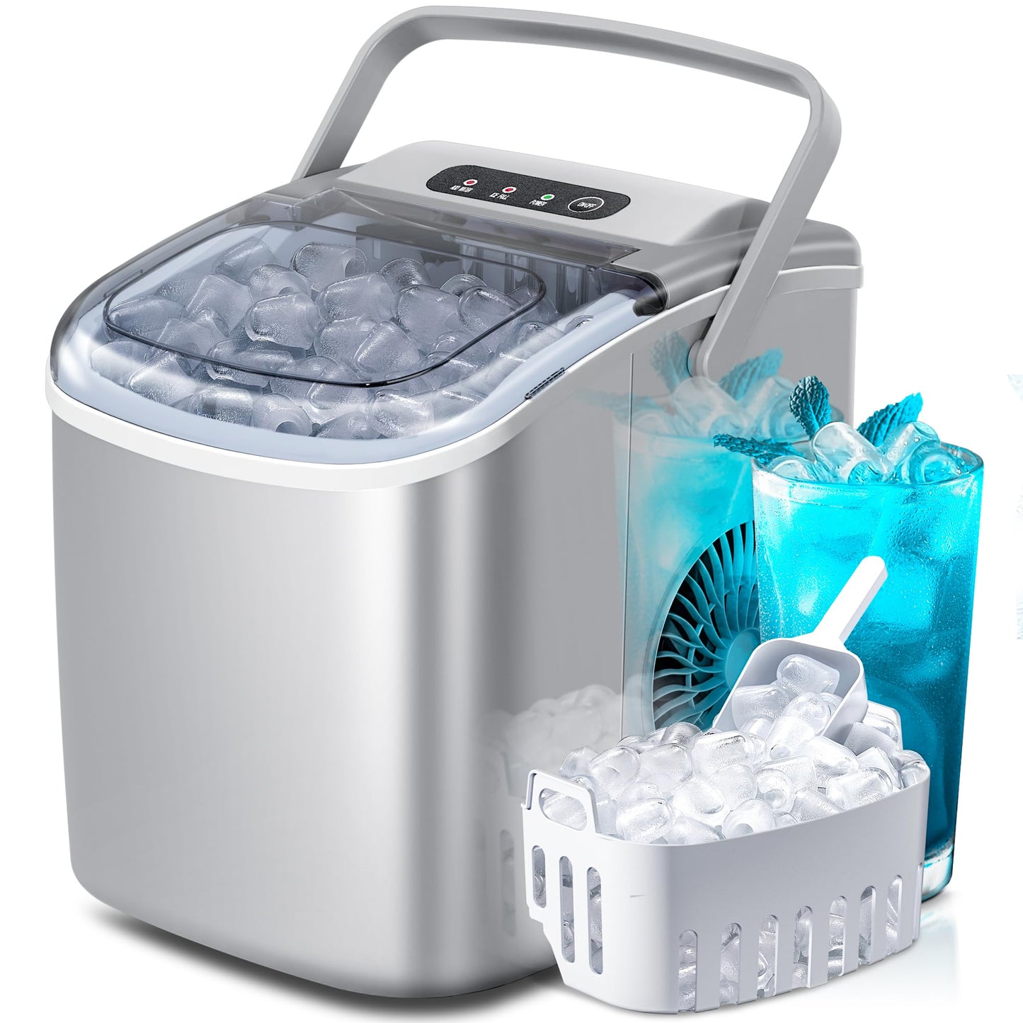 Countertop Ice Maker Machine with Handle, 9 Bullet-Shaped Ice Cubes Ready in 6 Mins, 26Lbs/24H, Self-Cleaning Function with Ice Scoop and Basket