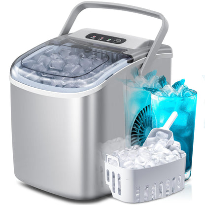 Countertop Ice Maker Machine with Handle, 9 Bullet-Shaped Ice Cubes Ready in 6 Mins, 26Lbs/24H, Self-Cleaning Function with Ice Scoop and Basket