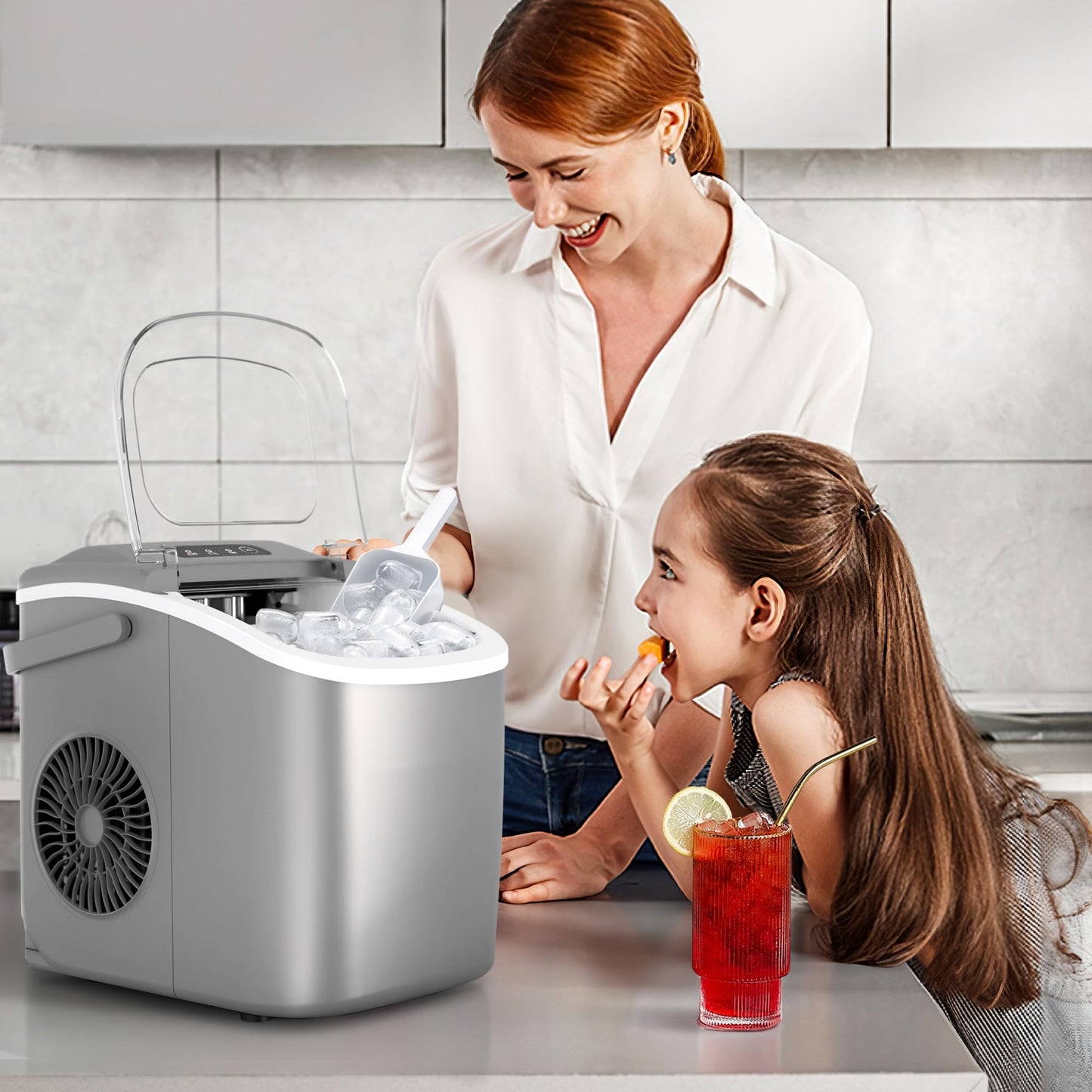 Countertop Ice Maker Machine with Handle, 9 Bullet-Shaped Ice Cubes Ready in 6 Mins, 26Lbs/24H, Self-Cleaning Function with Ice Scoop and Basket