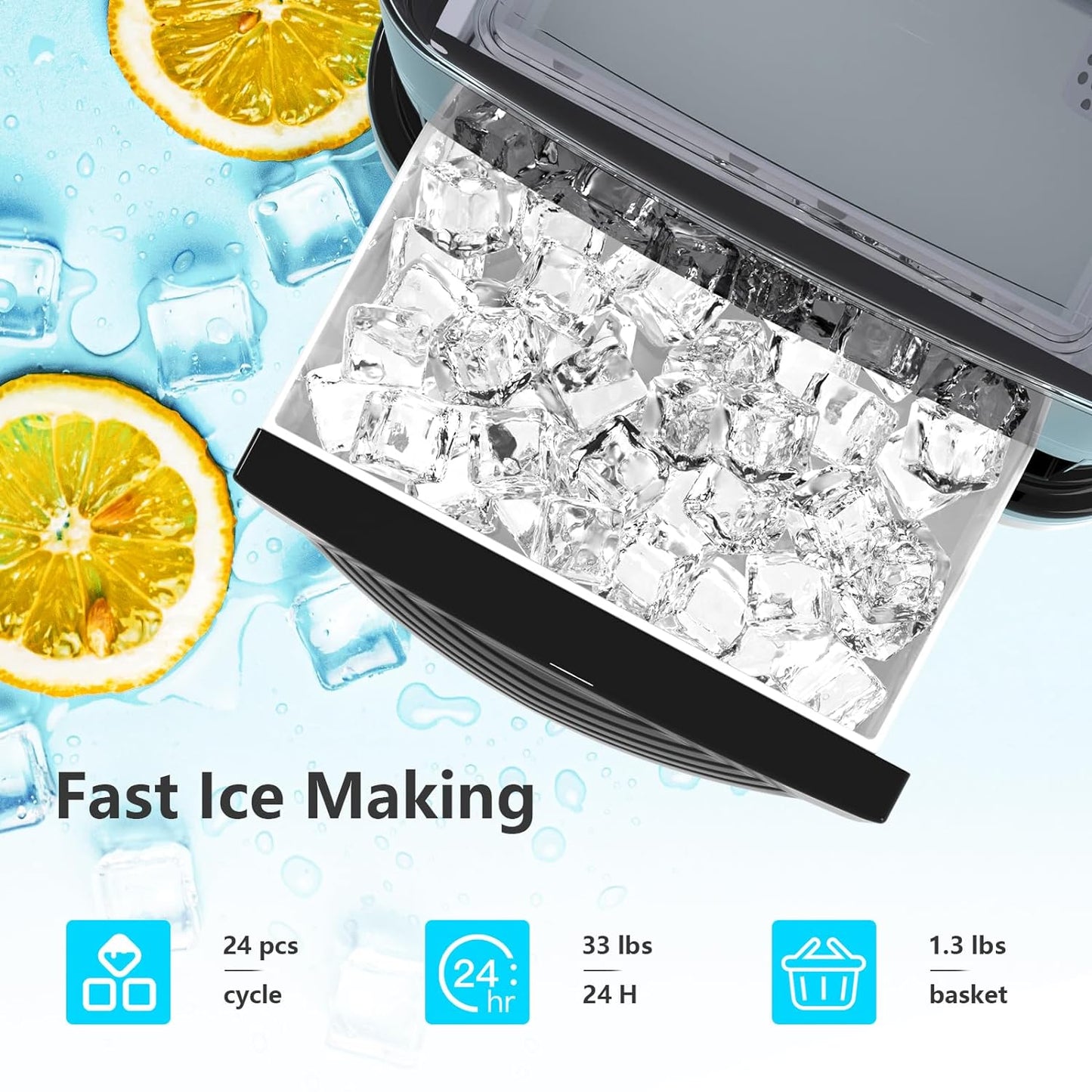 Cubic Ice Maker Machine 33 Lbs 24 Hrs 1.3 Lbs Ice Storage Capacity Black