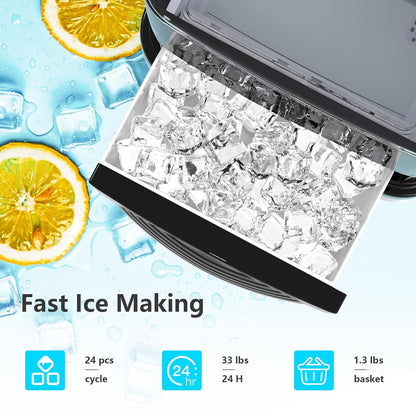 Cubic Ice Maker Machine 33 Lbs 24 Hrs 1.3 Lbs Ice Storage Capacity Black