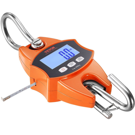 Digital Crane Scale, 880 lbs/400 kg, Industrial Heavy Duty Hanging Scale with Cast Aluminum Case & LCD Screen, Handheld Mini Crane with Hooks (Orange)