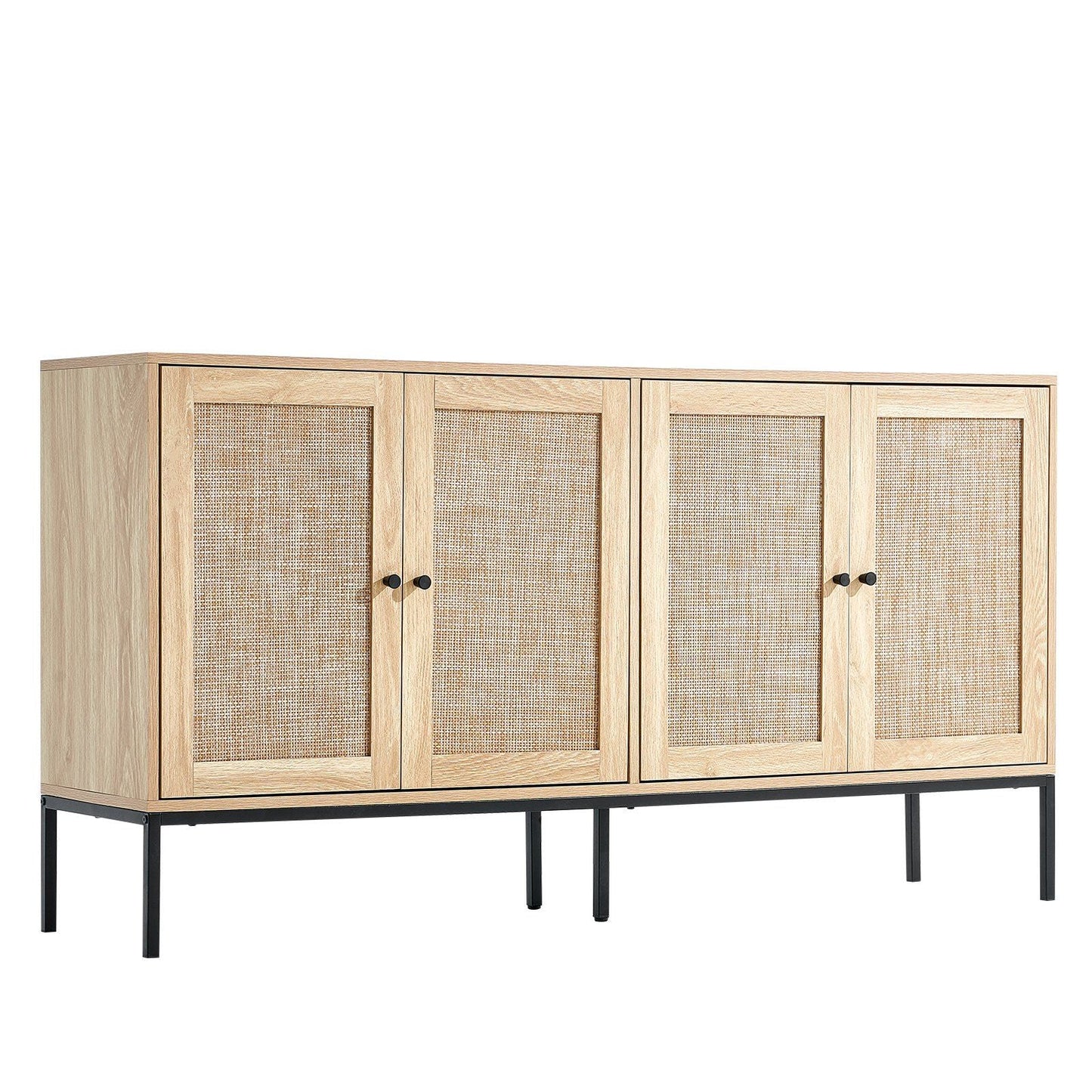 Rattan Cabinet, Rattan Storage Cabinet 59inch with 4 Magnetic Doors and Adjustable Shelves, Sideboard Buffet Cabinet for Hallway, Entryway, Living Room, or Kitchen, Natural