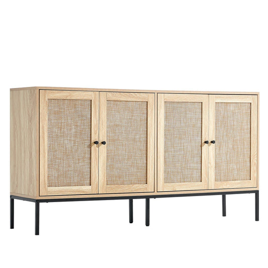 Rattan Cabinet, Rattan Storage Cabinet 59inch with 4 Magnetic Doors and Adjustable Shelves, Sideboard Buffet Cabinet for Hallway, Entryway, Living Room, or Kitchen, Natural