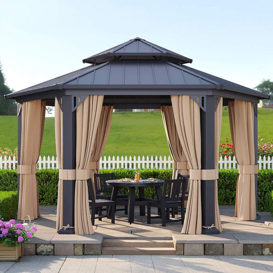 13FT x 15FT Alora Double-Tier Hexagonal Metal Hardtop Patio Gazebo with Curtains