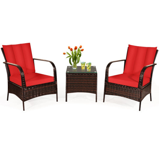3 Pcs Patio Conversation Rattan Furniture Set with Glass Top Coffee Table and Cushions - Red