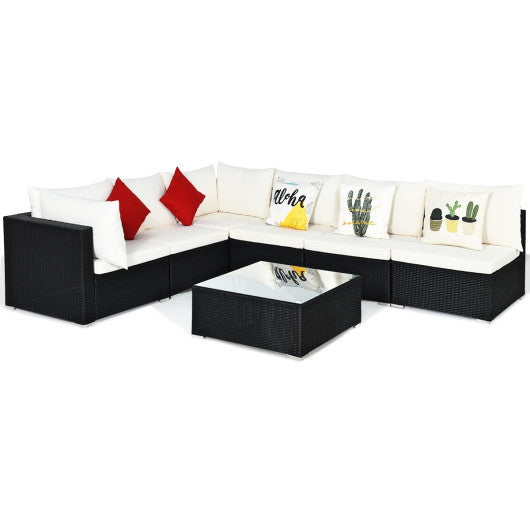 7-Piece Outdoor Sectional Wicker Patio Sofa Set with Tempered Glass Top - Beige