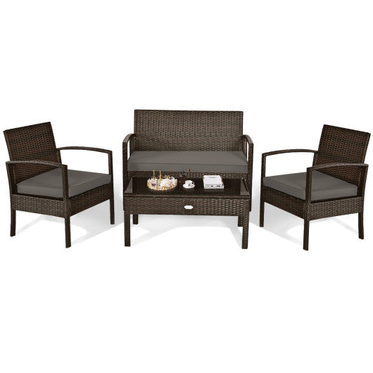 4 Pieces Patio Rattan Cushioned Furniture Set with Loveseat and Table - Brown