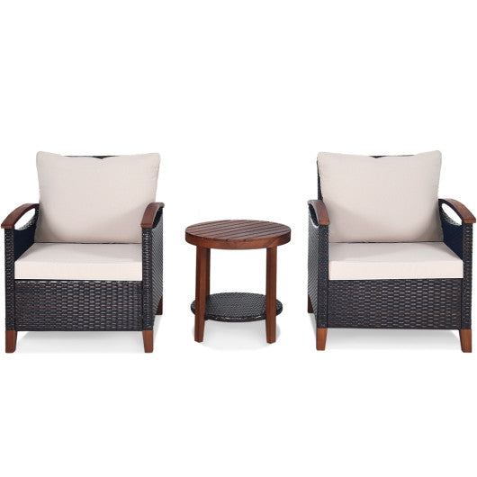3 Pieces Patio Rattan Furniture Set with Washable Cushion and Acacia Wood Tabletop - Beige