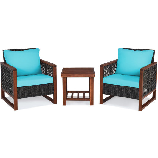 3 Pieces Acacia Wood Patio Furniture Set with Coffee Table - Turquoise