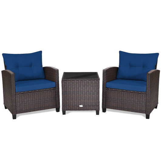 3 Pcs Patio Rattan Furniture Set Cushioned Conversation Set Coffee Table - Navy