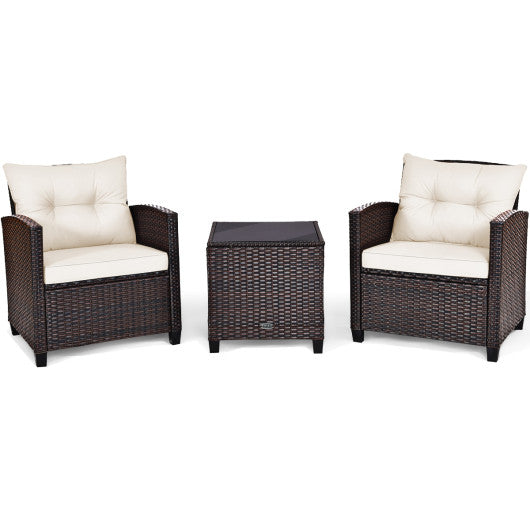 3 Pieces Patio Rattan Furniture Set Cushioned Conversation Set Coffee Table - White