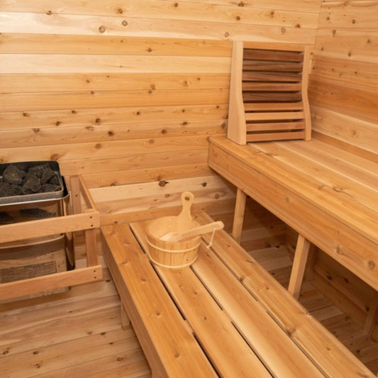 Dundalk Leisurecraft 4-Person Canadian Timber Luna Cube Sauna with Sloped Roof and Front Window