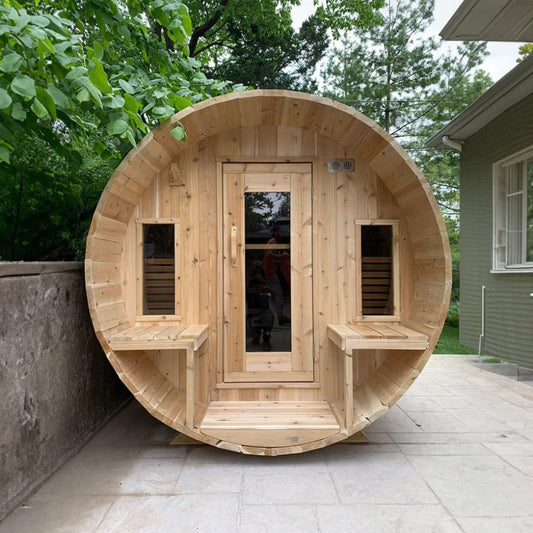 Dundalk Leisurecraft 6-Person Canadian Timber Tranquility Barrel Sauna with Front Porch