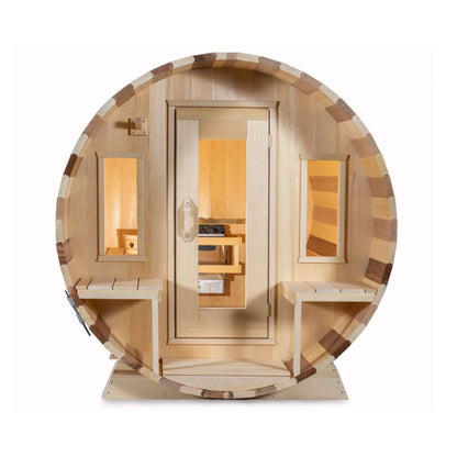 Dundalk Leisurecraft 6-Person Canadian Timber Tranquility Barrel Sauna with Front Porch