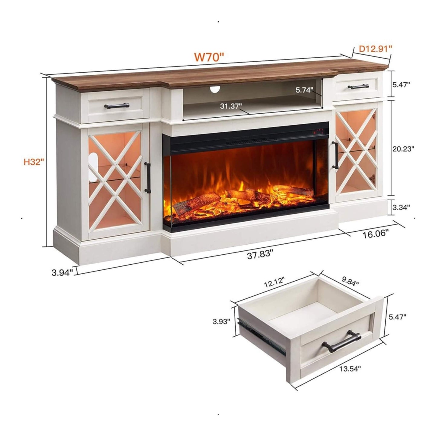 Nuvia Electric 70-Inch Fireplace TV Stand with Glass Door Storage Cabinet