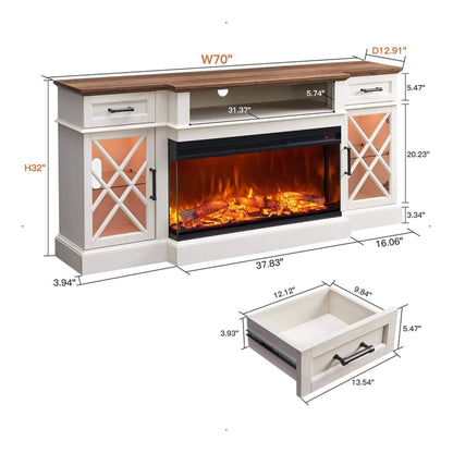 Nuvia Electric 70-Inch Fireplace TV Stand with Glass Door Storage Cabinet