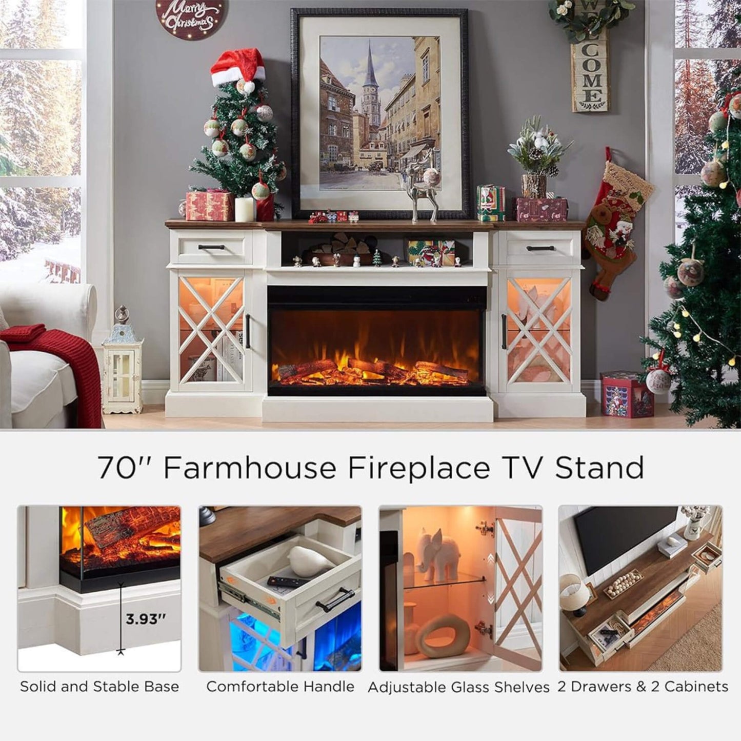 Nuvia Electric 70-Inch Fireplace TV Stand with Glass Door Storage Cabinet