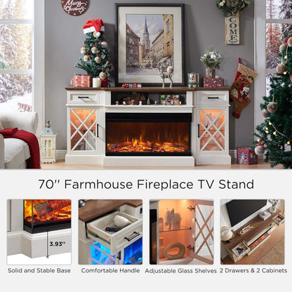 Nuvia Electric 70-Inch Fireplace TV Stand with Glass Door Storage Cabinet