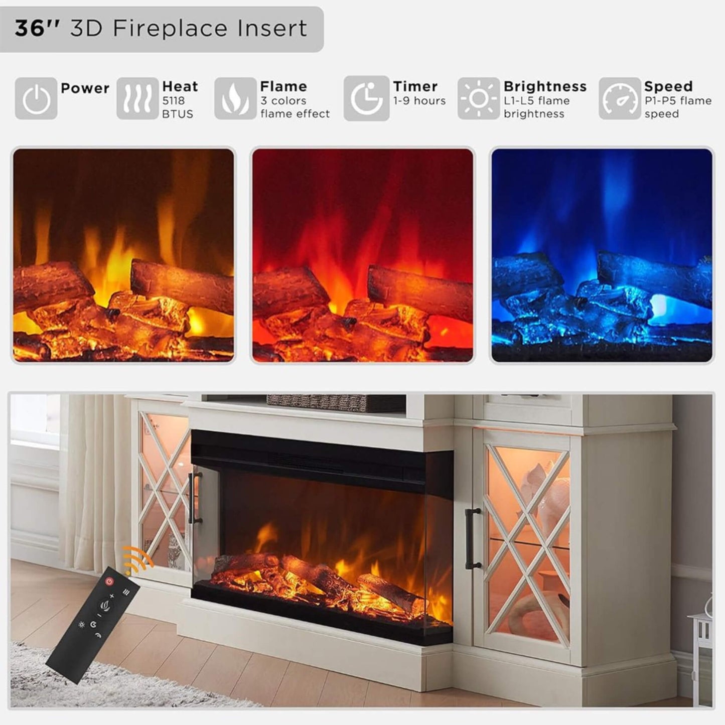 Nuvia Electric 70-Inch Fireplace TV Stand with Glass Door Storage Cabinet