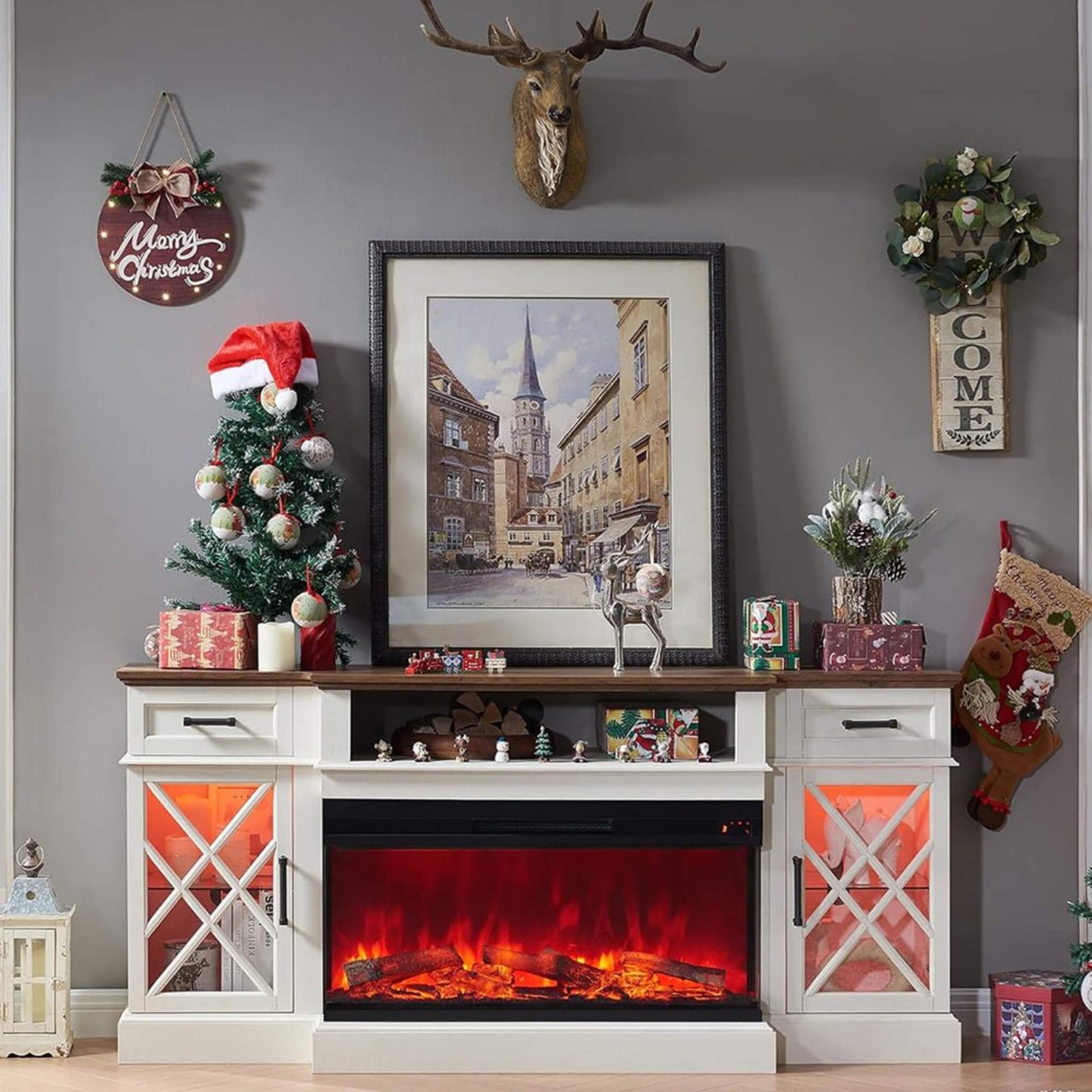 Nuvia Electric 70-Inch Fireplace TV Stand with Glass Door Storage Cabinet