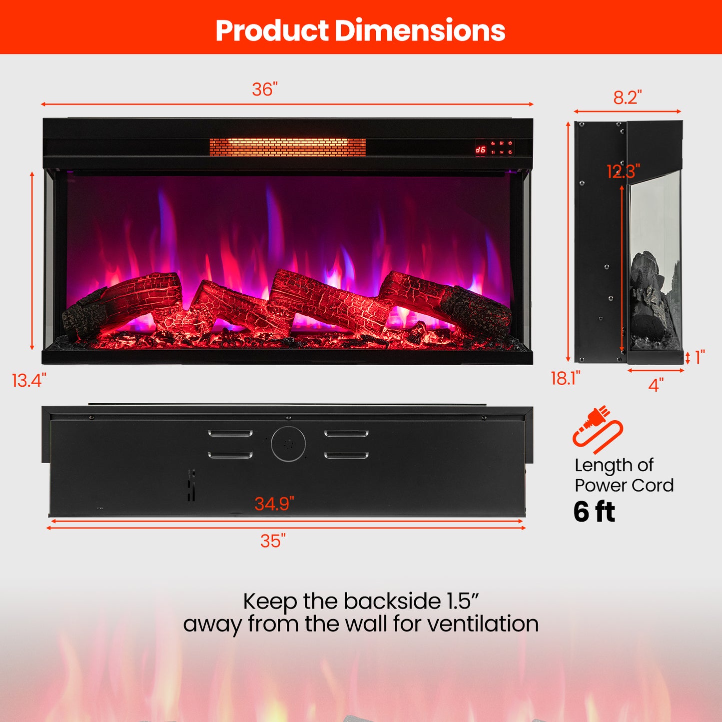36" 3-Sided 1500W Electric Fireplace with 7-Color Flame