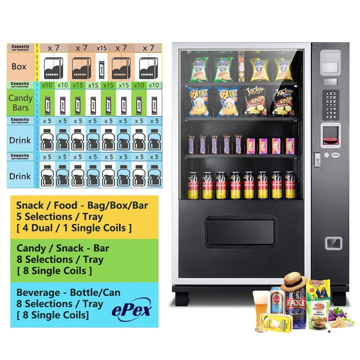 Epx 5FT Snacks And Drinks Combo Vending Machine With Dual Zone Refrigeration And Bill Acceptor
