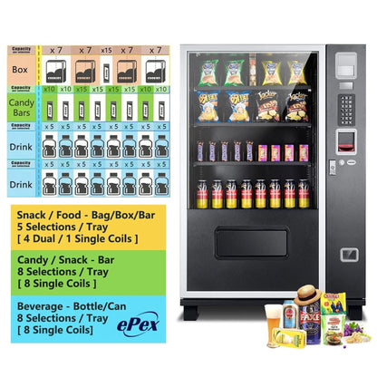 Epx 5FT Snacks And Drinks Combo Vending Machine With Dual Zone Refrigeration And Bill Acceptor