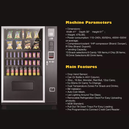 Epx 5FT Snacks And Drinks Combo Vending Machine With Dual Zone Refrigeration And Bill Acceptor