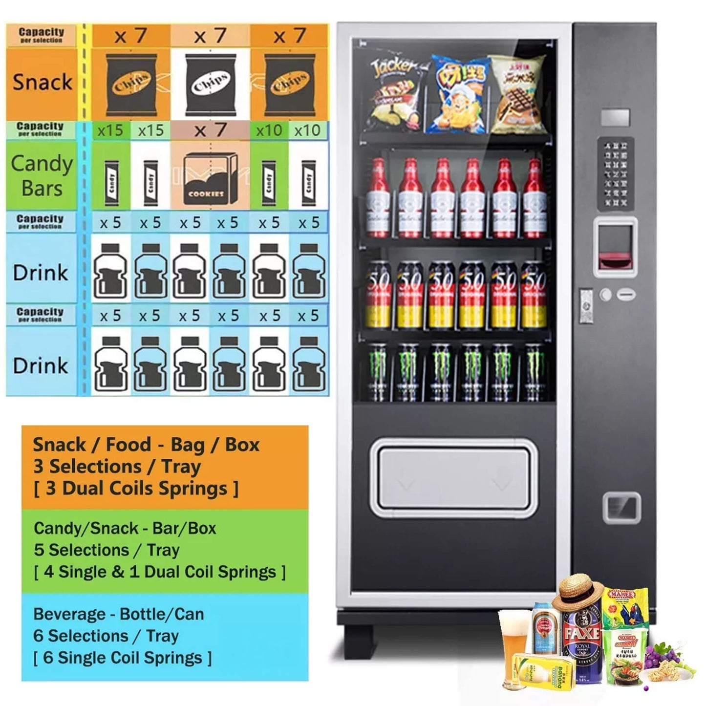 Epx 5FT Snacks And Drinks Combo Vending Machine With Refrigeration and Bill Acceptor