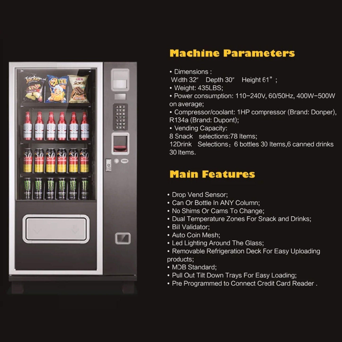 Epx 5FT Snacks And Drinks Combo Vending Machine With Refrigeration and Bill Acceptor