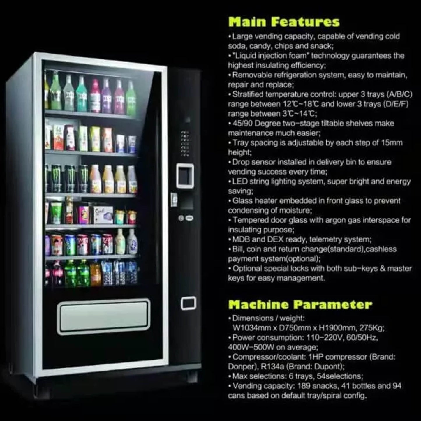 Epx Large 6FT Snacks And Drinks Combo Vending Machine With Dual Zone Refrigeration And Bill Acceptor