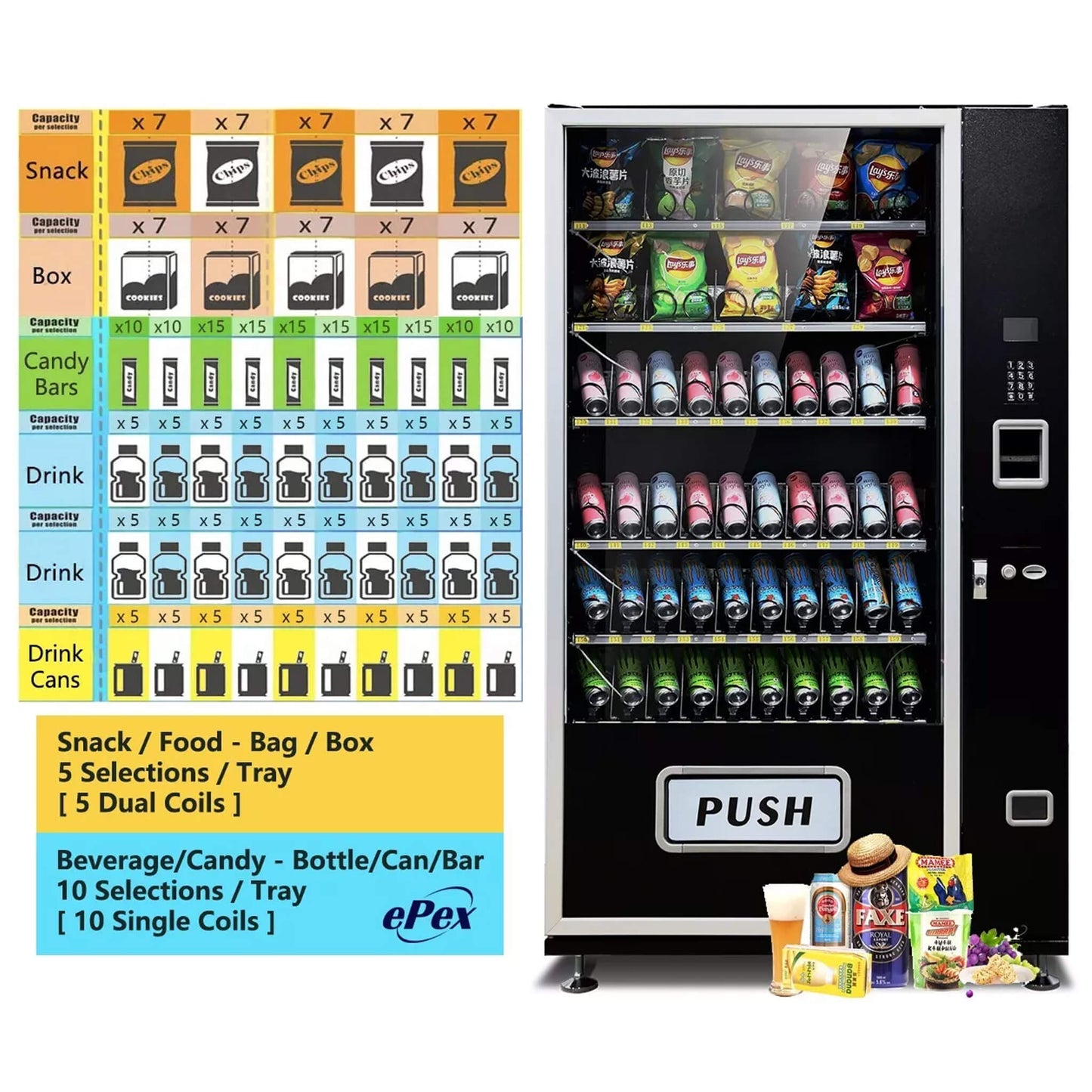 Epx Extra Large 6FT Snacks And Drinks Combo Vending Machine With Dual Zone Refrigeration And Bill Acceptor